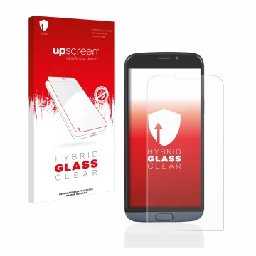 Face avant d’un emballage produit avec le logo de la marque upscreen. À côté, l’appareil Doro 8050 Plus est représenté avec la