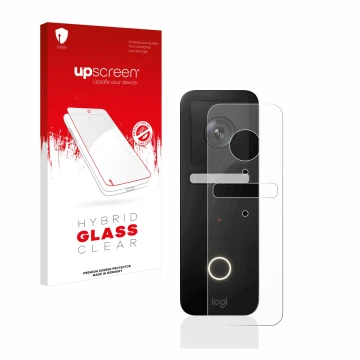 Face avant d’un emballage produit avec le logo de la marque upscreen. À côté, l’appareil Logitech Circle View Doorbell est rep