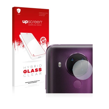 Face avant d’un emballage produit avec le logo de la marque upscreen. À côté, l’appareil Nokia 5.4 (Caméra UNIQUEMENT) est rep