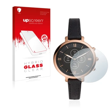 Face avant d’un emballage produit avec le logo de la marque upscreen. À côté, l’appareil Fossil Monroe Hybrid HR est représent