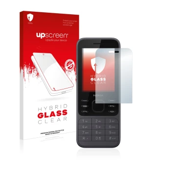 Face avant d’un emballage produit avec le logo de la marque upscreen. À côté, l’appareil Nokia 6300 2020 est représenté avec l