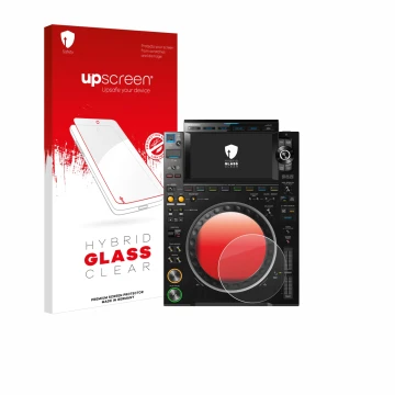 Face avant d’un emballage produit avec le logo de la marque upscreen. À côté, l’appareil Pioneer CDJ 3000 (Cercle) est représe