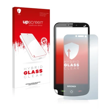 Face avant d’un emballage produit avec le logo de la marque upscreen. À côté, l’appareil Brondi Amico Dual Sim est représenté 