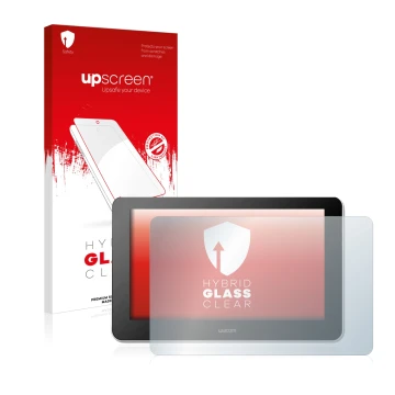 Face avant d’un emballage produit avec le logo de la marque upscreen. À côté, l’appareil Wacom One Creative Pen Display est re