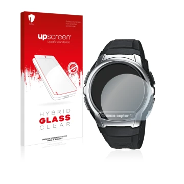 Face avant d’un emballage produit avec le logo de la marque upscreen. À côté, l’appareil Casio Wave Ceptor WV-58 est représent