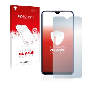 Face avant d’un emballage produit avec le logo de la marque upscreen. À côté, l’appareil Xiaomi Redmi 9T est représenté avec l