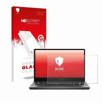 Face avant d’un emballage produit avec le logo de la marque upscreen. À côté, l’appareil ASUS ROG Zephyrus G14 GA401 est repré