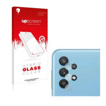 Face avant d’un emballage produit avec le logo de la marque upscreen. À côté, l’appareil Samsung Galaxy A32 5G (Caméra UNIQUEM