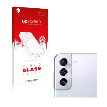 Face avant d’un emballage produit avec le logo de la marque upscreen. À côté, l’appareil Samsung Galaxy S21 5G (Caméra UNIQUEM