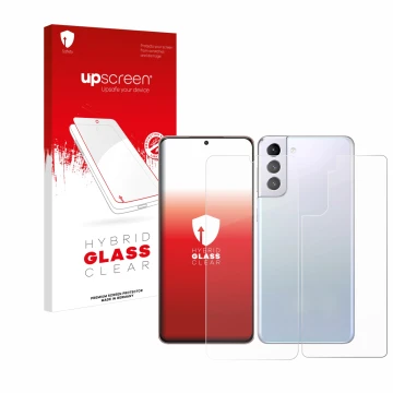 Face avant d’un emballage produit avec le logo de la marque upscreen. À côté, l’appareil Samsung Galaxy S21 Plus 5G (Avant+Arr