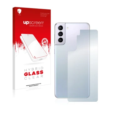 Face avant d’un emballage produit avec le logo de la marque upscreen. À côté, l’appareil Samsung Galaxy S21 Plus 5G (Arrière) 