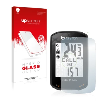 Face avant d’un emballage produit avec le logo de la marque upscreen. À côté, l’appareil Bryton Rider 15 neo est représenté av