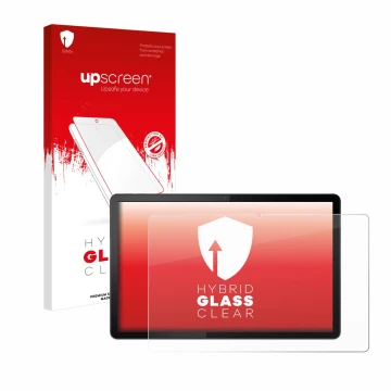 Face avant d’un emballage produit avec le logo de la marque upscreen. À côté, l’appareil Lenovo Tab P11 (en paysage) est repré