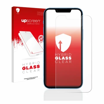 Face avant d’un emballage produit avec le logo de la marque upscreen. À côté, l’appareil Apple iPhone 13 mini est représenté a