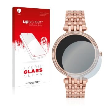 Face avant d’un emballage produit avec le logo de la marque upscreen. À côté, l’appareil Michael Kors Access Darci Gen 5E est 