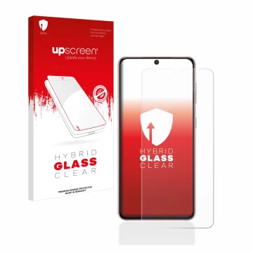 Face avant d’un emballage produit avec le logo de la marque upscreen. À côté, l’appareil Samsung Galaxy S21 est représenté ave