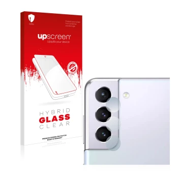Face avant d’un emballage produit avec le logo de la marque upscreen. À côté, l’appareil Samsung Galaxy S21 (Caméra UNIQUEMENT