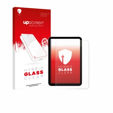 Face avant d’un emballage produit avec le logo de la marque upscreen. À côté, l’appareil Apple iPad Mini 6 WiFi 2021 est repré