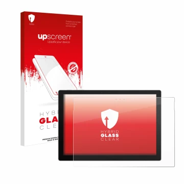 Face avant d’un emballage produit avec le logo de la marque upscreen. À côté, l’appareil Microsoft Surface Pro 7 Plus est repr