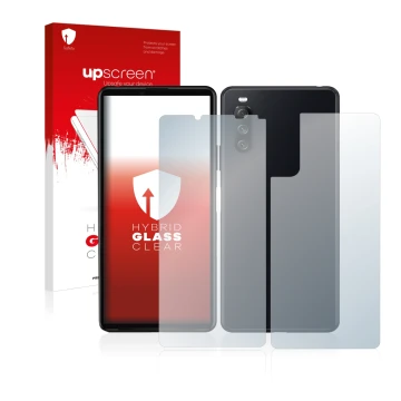 Face avant d’un emballage produit avec le logo de la marque upscreen. À côté, l’appareil Sony Xperia 10 III (Avant+Arrière) es