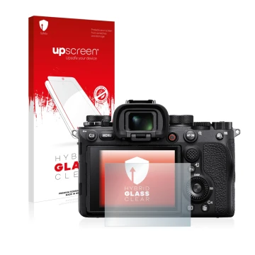 Face avant d’un emballage produit avec le logo de la marque upscreen. À côté, l’appareil Sony Alpha 1 est représenté avec la p