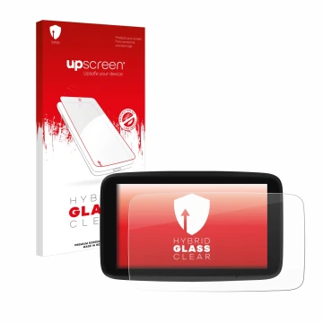 Face avant d’un emballage produit avec le logo de la marque upscreen. À côté, l’appareil TomTom GO Discover 7
