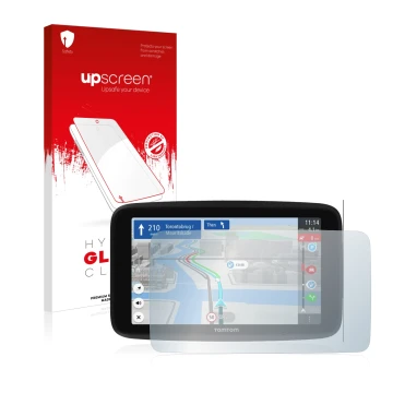 Face avant d’un emballage produit avec le logo de la marque upscreen. À côté, l’appareil TomTom GO Discover 6