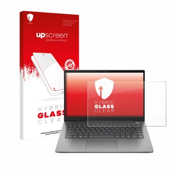 Face avant d’un emballage produit avec le logo de la marque upscreen. À côté, l’appareil Lenovo ThinkPad T14 Gen 2 est représe
