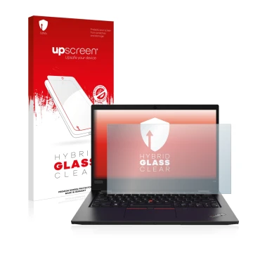 Face avant d’un emballage produit avec le logo de la marque upscreen. À côté, l’appareil Lenovo ThinkPad L13 Gen 2 est représe