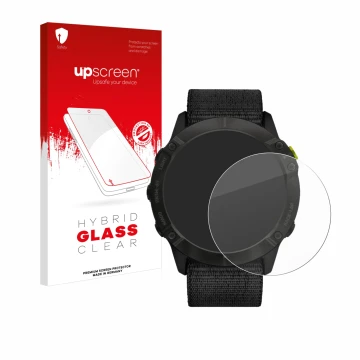 Face avant d’un emballage produit avec le logo de la marque upscreen. À côté, l’appareil Garmin Enduro est représenté avec la 