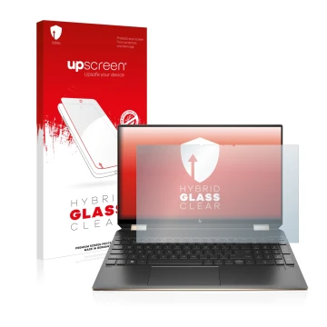 Face avant d’un emballage produit avec le logo de la marque upscreen. À côté, l’appareil HP Spectre x360 (15-eb) (359.9 mm x 2
