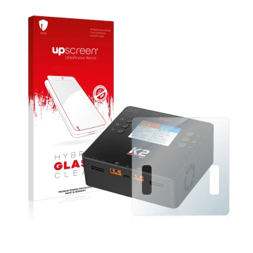 Face avant d’un emballage produit avec le logo de la marque upscreen. À côté, l’appareil ISDT Smart Duo Charger K2 est représe