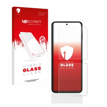 Face avant d’un emballage produit avec le logo de la marque upscreen. À côté, l’appareil Samsung Galaxy Z Flip 3 5G est représ