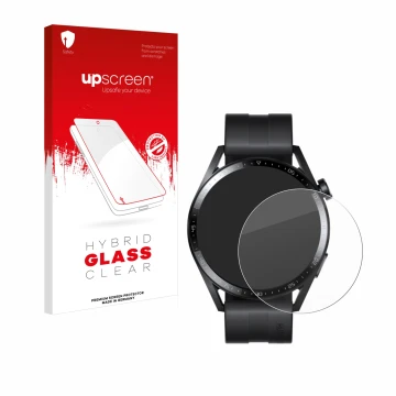 Face avant d’un emballage produit avec le logo de la marque upscreen. À côté, l’appareil Huawei Watch GT 3 (46 mm) est représe
