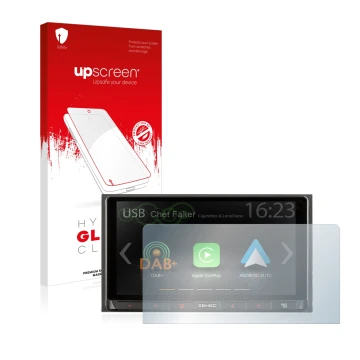 Face avant d’un emballage produit avec le logo de la marque upscreen. À côté, l’appareil Zenec Z-N528 est représenté avec la p