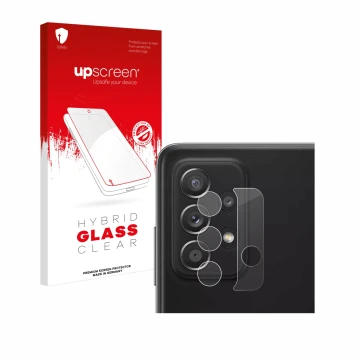 Face avant d’un emballage produit avec le logo de la marque upscreen. À côté, l’appareil Samsung Galaxy A52 5G (Caméra UNIQUEM