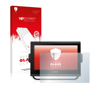 Face avant d’un emballage produit avec le logo de la marque upscreen. À côté, l’appareil Garmin GPSMAP 923 est représenté avec