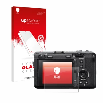 Face avant d’un emballage produit avec le logo de la marque upscreen. À côté, l’appareil Sony FX3 est représenté avec la prote