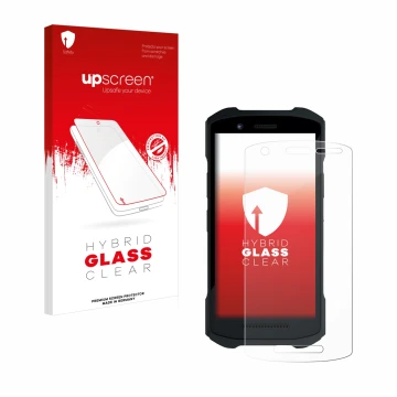 Face avant d’un emballage produit avec le logo de la marque upscreen. À côté, l’appareil Zebra TC26 est représenté avec la pro