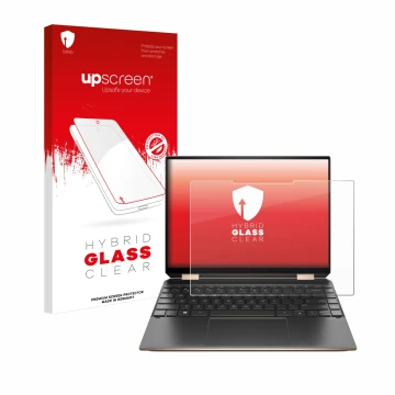 Face avant d’un emballage produit avec le logo de la marque upscreen. À côté, l’appareil HP Spectre x360 (14-eX) 2021 est repr
