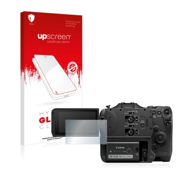 Face avant d’un emballage produit avec le logo de la marque upscreen. À côté, l’appareil Canon EOS C70 est représenté avec la 