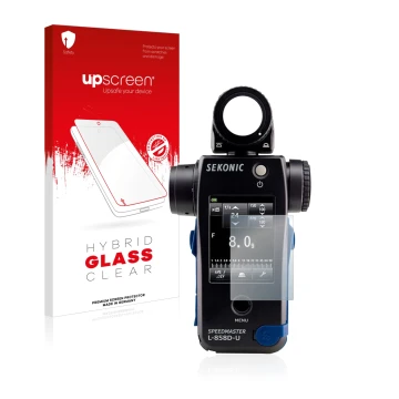 Face avant d’un emballage produit avec le logo de la marque upscreen. À côté, l’appareil Sekonic L858D est représenté avec la 