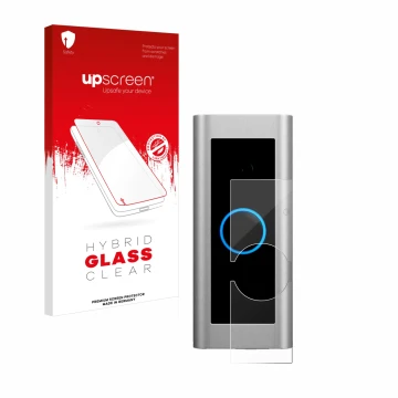 Face avant d’un emballage produit avec le logo de la marque upscreen. À côté, l’appareil Ring Video Doorbell Pro 2 est représe