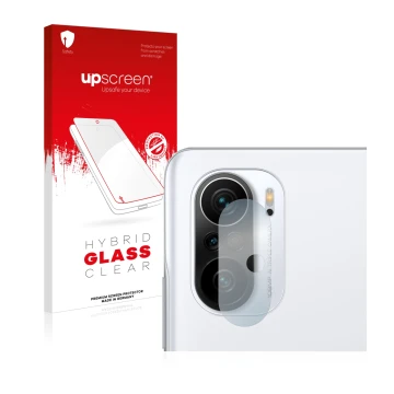 Face avant d’un emballage produit avec le logo de la marque upscreen. À côté, l’appareil Xiaomi Poco F3 (Caméra UNIQUEMENT) es
