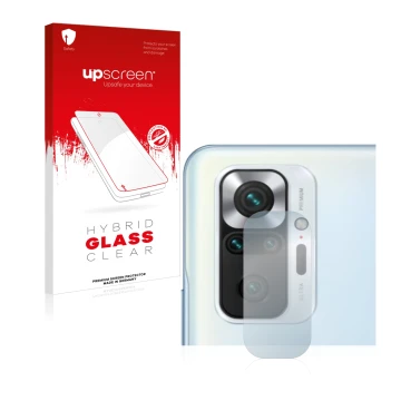 Face avant d’un emballage produit avec le logo de la marque upscreen. À côté, l’appareil Xiaomi Redmi Note 10S (Caméra UNIQUEM