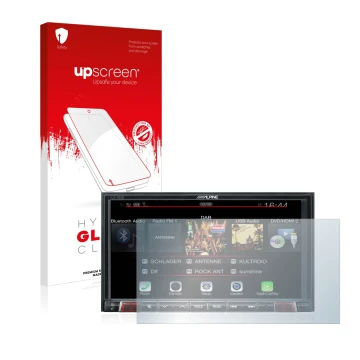 Face avant d’un emballage produit avec le logo de la marque upscreen. À côté, l’appareil Alpine iLX-702D est représenté avec l