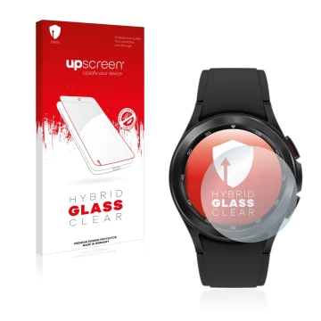 Face avant d’un emballage produit avec le logo de la marque upscreen. À côté, l’appareil Samsung Galaxy Watch 4 Classic (42mm)
