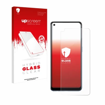 Face avant d’un emballage produit avec le logo de la marque upscreen. À côté, l’appareil Oppo A74 5G est représenté avec la pr