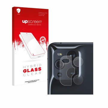 Face avant d’un emballage produit avec le logo de la marque upscreen. À côté, l’appareil Oppo Find X3 Pro (Caméra UNIQUEMENT) 