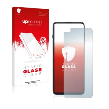 Face avant d’un emballage produit avec le logo de la marque upscreen. À côté, l’appareil Motorola Moto G100 est représenté ave